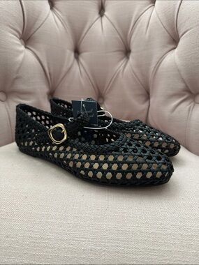 Universal Thread Black Woven Mary Jane Flats with Gold Buckle